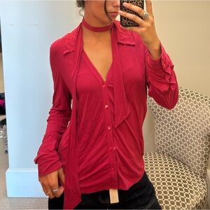 Equipment Red Button Down Top w/ Neck Tie